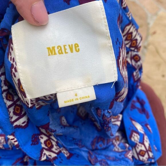 Maeve Anthropologie Woodland Walk Blue Burgundy Tribal Patterned Top Womens Sz 4 - Picture 2 of 6